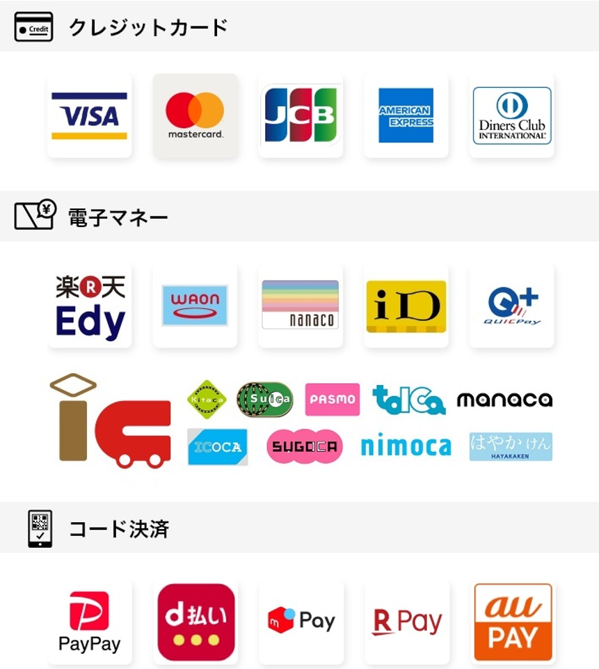 クレジットカード（VISA・MasterCard・JCB・DinersClub・AMEX）、電子マネー（交通系IC・楽天Edy・WAON・nanaco・iD・QUICPay）、QR決済（PayPay・d払い・メルペイ・楽天ペイ・auPAY）